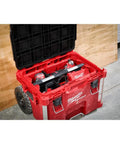 Gutsy Modular Tool Tray For Tradesmen Heavy Duty Plastic Organizer Effortless Setup Shop Floor Rack showing open red organizer with tools inside.