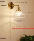 Wall Sconce Lights Indoor Bedroom Hallway Vintage Glass with Pull Chain,Industrial Adjustable Fixture,Brass Lamp for Living Room,E27 Base with dimensions