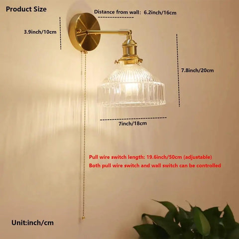 Wall Sconce Lights Indoor Bedroom Hallway Vintage Glass with Pull Chain,Industrial Adjustable Fixture,Brass Lamp for Living Room,E27 Base with dimensions