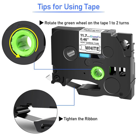 Tips for using Top Shelf Hse 231 Heat Shrink Tube Label Tape with green wheel and tightening instructions, showing tape cartridge.