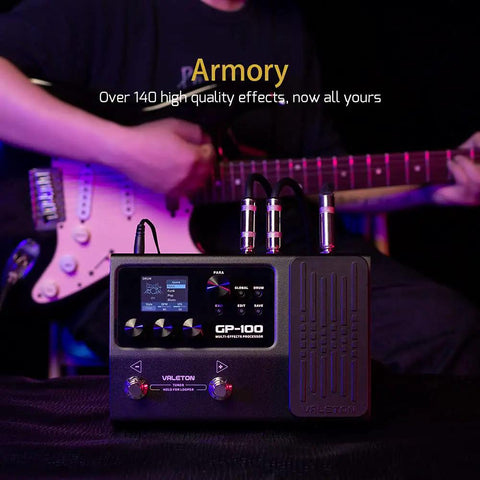 GP 100 Guitar And Bass Amp Modeling Rig With IR Cabinets, 140 Built In Effects device with guitar in background.