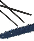 3 Pack Chainsaw File Set With 5/32 Inch, 7/32 Inch, And 3/16 Inch Round Sharpening Files next to a chainsaw bar