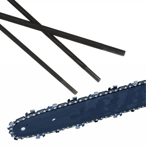 3 Pack Chainsaw File Set With 5/32 Inch, 7/32 Inch, And 3/16 Inch Round Sharpening Files next to a chainsaw bar