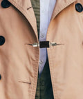 No Sweat Adjustable Spring Loaded Back Cincher Clips For Women on a beige jacket for quick fixing and smooth fit.