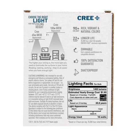 Back of BR30 Indoor Flood LED Bulb 100W Equivalent, Dimmable, 1400 Lumens, Daylight 5000K, with product details and specifications.