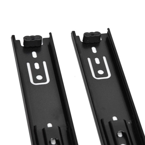 Close-up of Heavy Duty 3-Section Drawer Slides Black 14 Inch, 100 Lb Load Capacity, durable metal rails detail