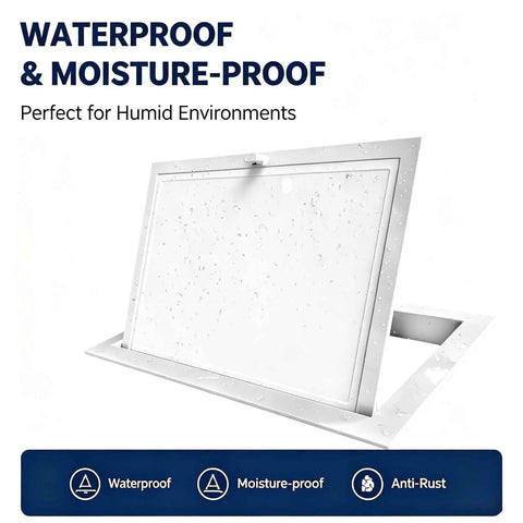 Heavy Duty Aluminum Alloy Attic Access Door With Slick Paintable White Finish And Rock Solid Twist Latch For Easy Peasy Ceiling Hatch Install And Quick Emergency Access Throughout Your House, shown waterproof with moisture-proof features.