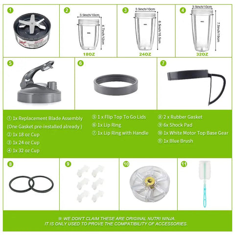 14-Piece Blender Extractor Blade And Cup Replacement Kit with cups, blade, lid, gaskets, shock pad, gear for 600W 900W series blenders
