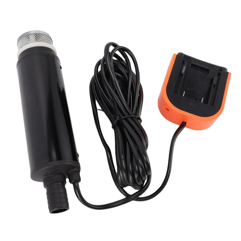 Battery Powered Cordless Submersible Sump Pump Knocks Out Basement Flooding Quick With Smooth Five Hundred GPH Drainage And Legit Sixteen Foot Lift showing pump, charger, and cord.