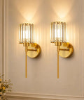 Two Pack Crystal Rechargeable Wireless Wall Sconces Featuring Brushed Gold Finish With Adjustable Dimming Remote And Multi Hue Settings Built For Super Quick Mounting And Zero Wiring Hassles Ever, shown mounted on wall.