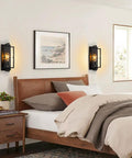 Bedroom with Set Of 2 Farmhouse Rustic Wall Sconces With Seeded Glass Lampshades In Matte Black Industrial E26 Hardwired over bed
