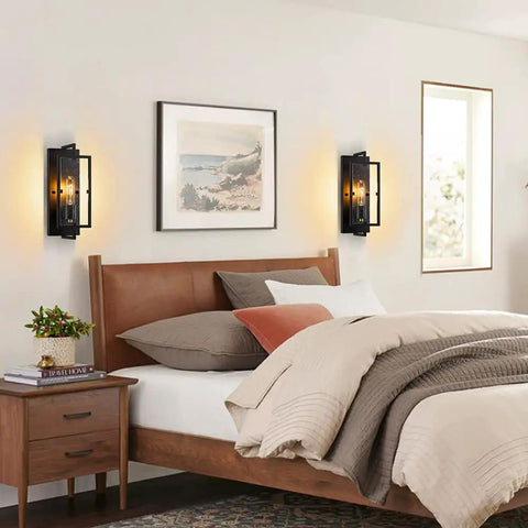 Bedroom with Set Of 2 Farmhouse Rustic Wall Sconces With Seeded Glass Lampshades In Matte Black Industrial E26 Hardwired over bed