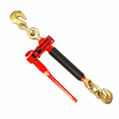 4 Pack Folding Handle Load Binder With 2 Grab Hooks For 5/16-3/8 Grade 70 Transport Chain Heavy Duty Industrial Grade Ratchet Tie Down 7,100 Lb Working Load Limit For Trailers And Trucks, red ratchet with grab hooks.