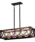 Rectangle Wood And Metal Pendant Light For Kitchen Island Chandelier With Black Finish, Rustic Industrial Vintage Ceiling Fixture.