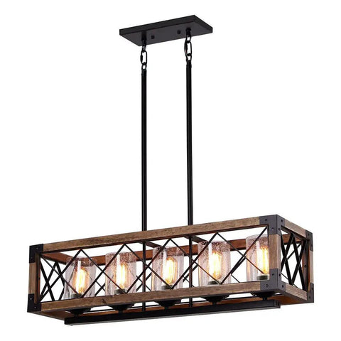 Rectangle Wood And Metal Pendant Light For Kitchen Island Chandelier With Black Finish, Rustic Industrial Vintage Ceiling Fixture.