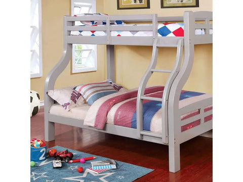 Twin Over Full Bunk Bed With Attached Curved Ladder And Upper Bed Rails, Bold Curved Wood Design In Grey Finish in kids' room