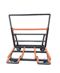 Lightweight Heavy Duty Folding Panel Dolly With Hella Sturdy Rubber Rails And Buttery Smooth Swivel Wheels For Moving Glass Sheets Drywall And Doors On Any Job Site, showing a steel frame with rubber rails.