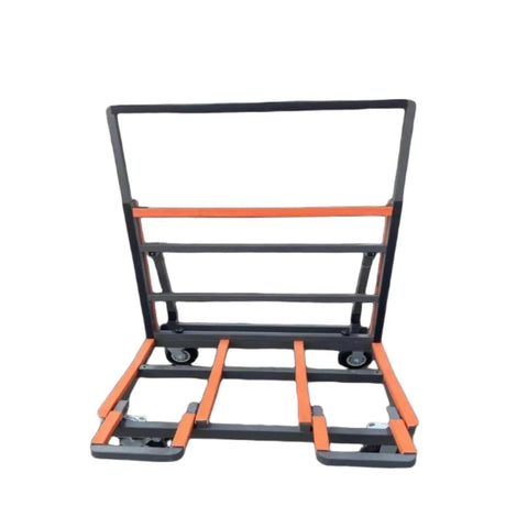 Lightweight Heavy Duty Folding Panel Dolly With Hella Sturdy Rubber Rails And Buttery Smooth Swivel Wheels For Moving Glass Sheets Drywall And Doors On Any Job Site, showing a steel frame with rubber rails.