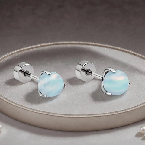 G23 Titanium Flat Back Earrings 20G Opal Ball Studs White 5mm ASTM F136 Hypoallergenic Nickel Free Implant Grade Durable Screw Back For Sensitive Piercings And Dope Everyday Wear pair on tray