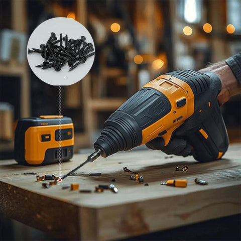 Premium Drywall Screws Number 6 By 1 Inch Phillips Bugle Head Fine Thread Black Phosphate Coated Carbon Steel Core in use with a power drill.