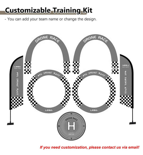 Customizable FPV Drone Racing Gate Set With Practice Track, Air Rings, Arch Obstacles, Banner Flags, and Landing Pad shown