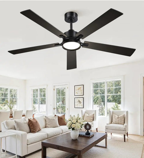Modern living room with 52 Inch Ceiling Fan With Lights And Remote Smart App Control Dimmable With All Setting Memory Quiet DC Motor Reversible Blades Damp Rated