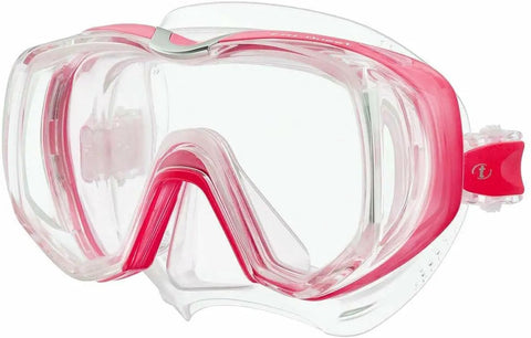 Clear and red Freedom Tri-Quest Scuba Diving Mask M-3001 with low-profile design, durable frame, and dimpled skirt for tight seal.