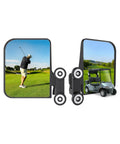 Heavy Duty Magnetic Golf Cart Side Mirrors That Snap Straight On Without Drilling Holes For Crystal Clear Wide Angle Sightlines And No Sweat Rear Navigation Today. Side mirrors show a golfer and a golf cart.