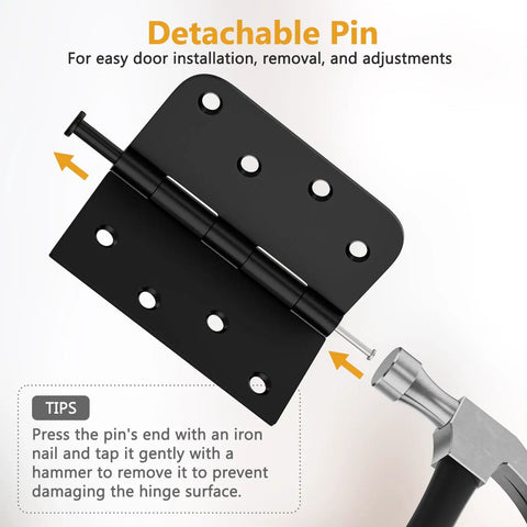 Heavy Duty Black Steel Door Hinges Six Pack Four Inch Exterior Swing Kit With Removable Pins detail showing detachable pin for easy installation.
