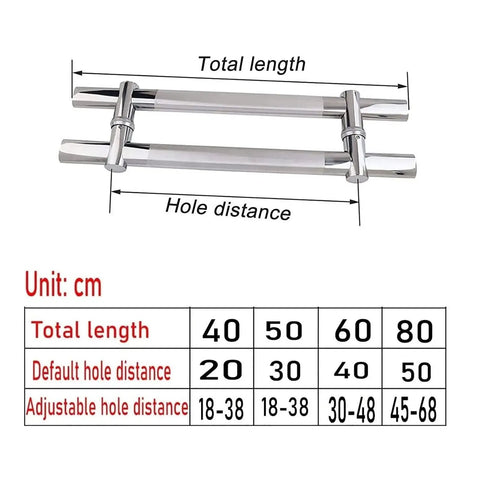 Adjustable Hole Distance Office Glass Door Handle For Push Pull Doors, Barn Doors, And Bathroom Doors, Durable Stainless Steel 50cm Silver Finish With Thick Pipe Design, Easy Install And Freely Adjustable Spacing For Modern Homes And Offices, length chart