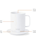 Keep Your Morning Brew Piping Hot With This App Controlled Smart Mug 10 Ounce White Heated Coffee Cup showing capacity and charging details.