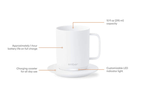 Keep Your Morning Brew Piping Hot With This App Controlled Smart Mug 10 Ounce White Heated Coffee Cup showing capacity and charging details.