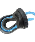 Hella Tough Splice On Synthetic Rope Shackle Mount Featuring Integrated Rubber Pad and Precision Machined Thimble for Zero Sweat Off Road Recovery Truck Towing and Overland Builds In Matte Black close-up view.