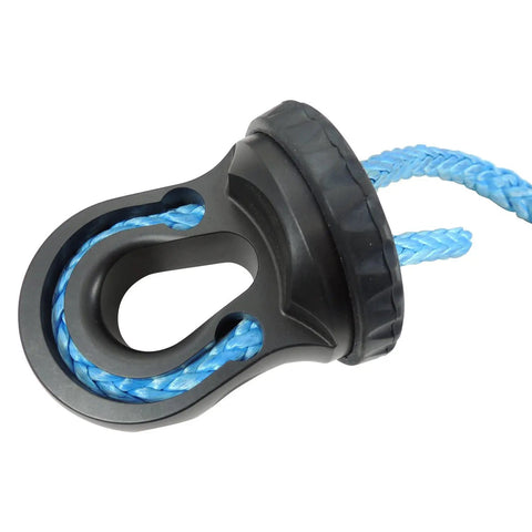 Hella Tough Splice On Synthetic Rope Shackle Mount Featuring Integrated Rubber Pad and Precision Machined Thimble for Zero Sweat Off Road Recovery Truck Towing and Overland Builds In Matte Black close-up view.