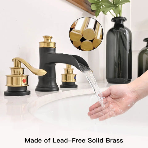 Brushed Nickel Waterfall Widespread Bathroom Faucet 8 Inch, Two Handle 3 Hole Lavatory Tap with water flowing into a sink