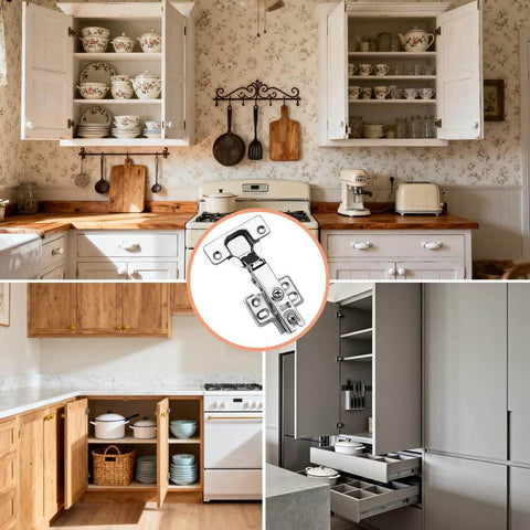 4 Pack Concealed Kitchen Cabinet Hinges With Full Overlay Alignment 105 Degree Soft Close Adjustable Includes 24 Mounting Screws For Easy Install Two Pairs Per Pack in use in various kitchen settings showing different cabinet interiors and hinge placement.