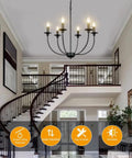 Black Farmhouse 6 Light Wrought Iron Chandelier Pendant Fixture in a foyer, candle style ceiling light with adjustable height