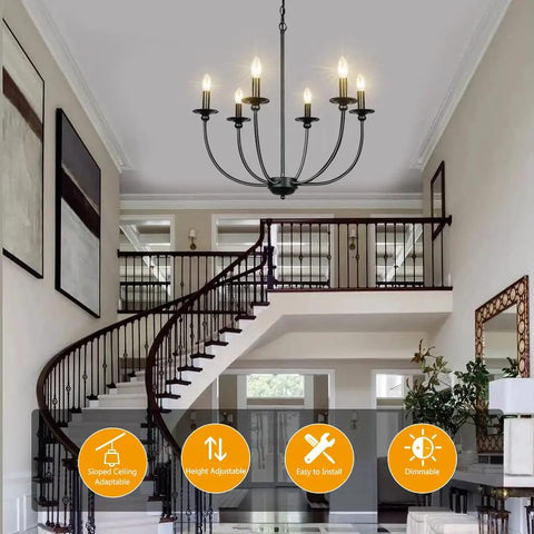 Black Farmhouse 6 Light Wrought Iron Chandelier Pendant Fixture in a foyer, candle style ceiling light with adjustable height