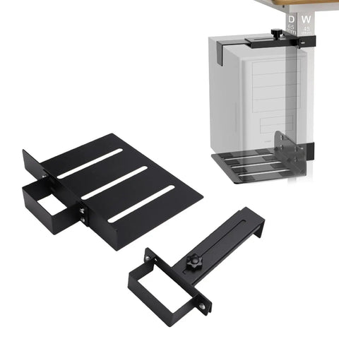 Under Desk PC Mount Heavy Duty Steel Computer Tower Holder Tool Free U Shaped Clamp parts displayed at various angles.