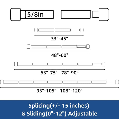 Diagram of Black Curtain Rod Set With Brackets For Windows 32 To 90 Inches Five Eighth Inch Diameter Telescoping Rod With Adjustable Extension Zero To Twelve Inches Easy Install Brackets Included Durable Finish, showing size ranges.