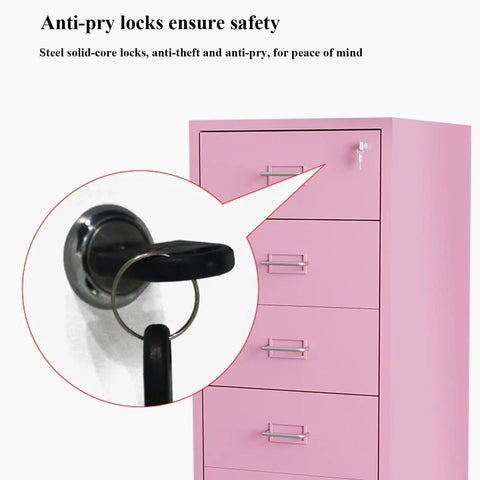 Close-up of a lock on a pink Lockable 10-Drawer Mobile Filing Cabinet On Wheels In White, Office Document Storage Solution With Keys.
