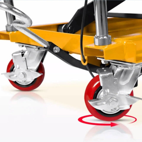 Heavy Duty Hydraulic Scissor Lift Table With Manual Adjustable Height Lever And Rock Solid Five Hundred Pound Load Capacity forged steel lockable caster wheels.