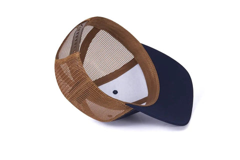 Western Farm Tractor Trucker Hat With Embroidered Design Custom Text Adjustable Mesh Back Cap Navy Brown side view