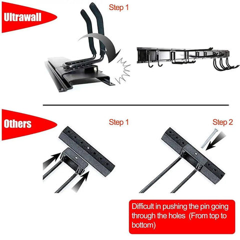 Comparison of UltraWall 13 Piece Tool Storage Rack Kit and other systems showing easier hook installation process.