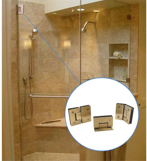 Hella Sturdy 90 Degree Wall To Glass Cabinet Hinges Replacement For Showers Closets Built Tough 304 Stainless Steel Rose Gold Bracket Kit 2 Pack in bathroom shower setting.