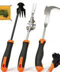 All In One 5 Pack Weed Puller Tool Set With Stainless Steel V Shaped Digger, 4 Tine Cultivator, Crack Weeder, Waterproof Mat, Gloves