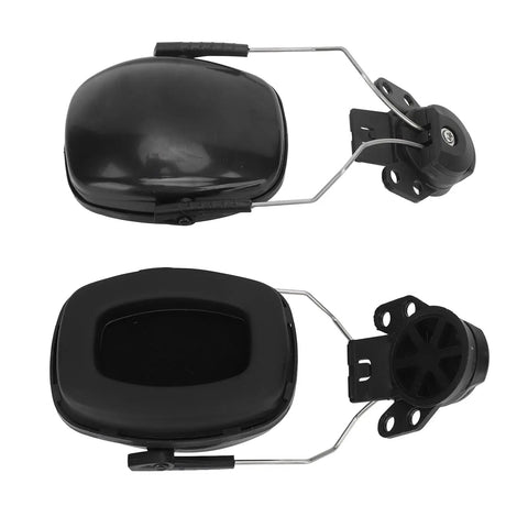 Top Tier Hard Hat Ear Muffs With Heavy Duty Cushioning Breathable Seals Designed To Kick Back Excess Site Noise Built Tough For Oil Crew And Construction Workers Super Comfy For All Day Use 2 Pack, showing black earmuffs with quick clip mount.