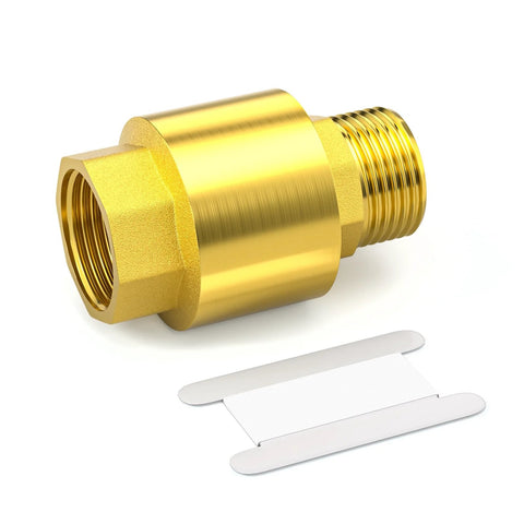 Brass check valve DN20 (3/4 in BSP) with female and male threads; one-way backflow preventer, gold finish.