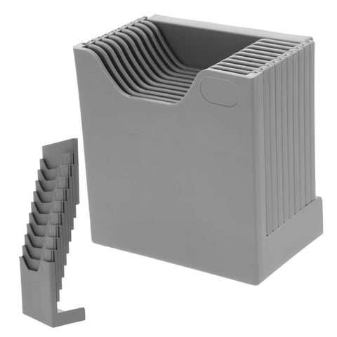 3 Piece Heavy Duty Info Card Storage Rack Doubles As Clock Card Organizer And Time Sheet Holder With Smooth Surface Desktop File Sorter For Offices And Warehouses, gray plastic with multiple slots.
