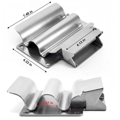 Spring Loaded Stainless Steel Shovel Holder Built For Heavy Duty Tool Racks On Dump Trucks Trailers Garages And Sheds Keeps Shovels Rakes Hoes And Snow Tools Secure On Walls With Easy Four Pre Drilled Mounts, showing dimensions
